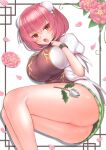  1girl :o ass bangs blush breasts cuffs eyebrows_visible_through_hair feet_out_of_frame flower furrowed_brow gold_trim hair_between_eyes hands_up harunoha highres hiiragi_iwashi ibaraki_kasen large_breasts looking_at_viewer open_mouth pink_eyes pink_flower pink_hair puffy_short_sleeves puffy_sleeves setsubun shackles short_sleeves solo tabard thighs touhou 