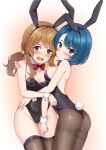  2girls aizawa_kazuha animal_ears arched_back arm_around_shoulder ass assault_lily bangs bare_shoulders black_hairband black_leotard blue_eyes blue_hair blush bow bowtie breasts brown_hair brown_legwear closed_mouth collarbone commentary_request covered_navel cowboy_shot detached_collar embarrassed eyebrows_visible_through_hair fake_animal_ears fake_tail fingernails gradient gradient_background grey_eyes groin gungun_(hakutou7887) hair_ornament hairband hand_on_another&#039;s_hip hand_on_another&#039;s_shoulder highleg highleg_leotard highres iijima_renka jewelry leotard long_hair looking_at_viewer looking_to_the_side low_ponytail medium_breasts multiple_girls open_mouth orange_background pantyhose playboy_bunny rabbit_ears rabbit_tail red_bow red_bowtie ring short_hair side_ponytail sidelocks standing star_(symbol) star_hair_ornament strapless strapless_leotard tail tearing_up thighband_pantyhose thighhighs white_background wrist_cuffs 