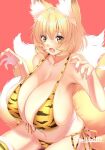  1girl :o animal_ear_fluff animal_ears animal_print bare_shoulders blonde_hair blush breasts claw_pose cleavage collarbone eyebrows_visible_through_hair fang fingernails fox_ears fox_tail fur_trim hair_between_eyes hands_up huge_breasts multiple_tails no_hat no_headwear open_mouth red_background short_hair simple_background solo tail thighhighs thighs tiger_print touhou wildcat_(kusonemi) yakumo_ran yellow_eyes 