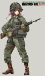  1girl battle_rifle cold_war gun helmet highres howa_type_64 japan_ground_self-defense_force japan_self-defense_force longmei_er_de_tuzi military military_uniform original retro_artstyle rifle simple_background soldier uniform weapon 