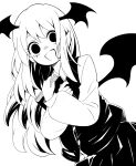  1341398tkrtr 1girl bat_wings book commentary_request demon_wings greyscale head_wings high_contrast highres koakuma long_hair long_sleeves monochrome simple_background skirt solo touhou vest_over_shirt white_background wings 