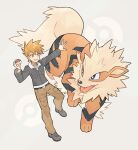  1boy :d arcanine bangs belt belt_buckle black_belt blue_oak breast_pocket brown_eyes brown_hair brown_pants buckle commentary_request grey_jacket highres holding holding_poke_ball jacket leather leather_jacket long_sleeves male_focus open_mouth outstretched_arm pants pocket poke_ball poke_ball_(basic) pokemon pokemon_(creature) pokemon_(game) pokemon_hgss rata_(m40929) shirt shoes short_hair smile spiked_hair spread_fingers teeth tongue upper_teeth white_shirt 