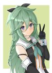  1girl absurdres black_gloves black_ribbon black_shirt black_skirt blue_eyes border braid breasts choker disuto elbow_gloves gloves green_background green_hair green_neckerchief green_neckwear hair_between_eyes hair_flaps hair_ornament hairclip highres kantai_collection looking_at_viewer neckerchief ribbon sailor_collar shirt side_braids skirt sleeveless sleeveless_shirt small_breasts solo twin_braids upper_body v white_border white_choker white_sailor_collar yamakaze_(kancolle) yamakaze_kai_ni_(kancolle) 