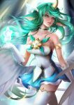  1girl alternate_hair_color animal_ears bangs bare_shoulders breasts choker collarbone commentary_request dress gloves green_choker green_dress green_eyes green_hair hand_up highres horns large_breasts league_of_legends long_hair magical_girl parted_lips pointy_ears single_horn smile solo soraka_(league_of_legends) star_(symbol) star_guardian_(league_of_legends) star_guardian_soraka teeth thighhighs very_long_hair white_gloves xiuluoyi00 