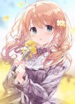 1girl blonde_hair blue_eyes blue_sky blurry blurry_background blush branch brown_hair ears falling_petals flower frilled_shirt frills hair_between_eyes hair_blowing hair_flower hair_ornament holding holding_flower kimishima_ao lace-trimmed_sleeves lace_trim looking_at_viewer looking_to_the_side momoi_saki open_mouth orange_hair original petals ribbon ribbon_hair shirt simple_background sky spring_(season) twintails yellow_flower 
