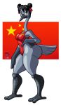  2021 absurd_res alpha_channel anthro avian barefoot big_butt bird black_hair blu3danny border breasts butt chinese_flag clothed clothing crane_(bird) digital_media_(artwork) feathers feet female grey_body grey_feathers gruiform hair hair_bun hair_buns hand_on_hip hand_on_own_hip hi_res huge_butt lei_sun looking_at_viewer one-piece_swimsuit signature solo standing swimmer swimwear thick_thighs transparent_border 