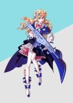  1girl asymmetrical_legwear blonde_hair blue_dress blue_eyes butterfly_ornament dress energy_gun frilled_dress frills genderswap genderswap_(mtf) giorno_giovanna gun highres jojo_no_kimyou_na_bouken laser_rifle long_hair overskirt pantyhose sempon_(doppio_note) shirt_bow tagme vento_aureo wavy_hair weapon white_legwear 