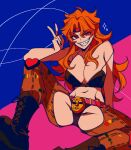  1girl belt bikini black_bikini breasts chaps cropped_jacket dio_brando genderswap genderswap_(mtf) headband heart jojo_no_kimyou_na_bouken large_breasts looking_at_viewer off_shoulder orange_hair panties red_eyes revealing_clothes sempon_(doppio_note) sharp_teeth solo spread_legs stardust_crusaders stone_mask_(jojo) swimsuit teeth underwear v 