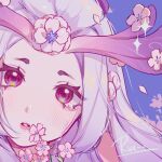  1girl absurdres bangs blue_background blush character_request face flower grey_hair hair_flower hair_ornament head highres league_of_legends long_hair parted_lips pink_eyes pink_flower ruan_chen_yue shiny shiny_hair simple_background solo teeth 
