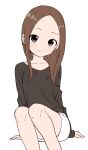  1girl bangs black_shirt brown_eyes brown_hair closed_mouth commentary_request feet_out_of_frame forehead head_tilt highres karakai_jouzu_no_takagi-san long_hair long_sleeves looking_at_viewer parted_bangs shirt short_shorts shorts simple_background sitting sleeves_past_wrists smile solo takagi-san white_background white_shorts yamamoto_souichirou 