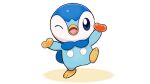  ;d blue_eyes commentary_request full_body holding leg_up no_humans official_art one_eye_closed open_mouth piplup pokemon pokemon_(creature) project_pochama smile solo standing standing_on_one_leg toes tongue white_background 