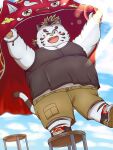  2022 anthro blush bodily_fluids bottomwear clothing cloud eyewear felid glasses harumuname humanoid_hands kemono licho_(tas) lifewonders male mammal one_eye_closed outside overweight overweight_male pantherine shirt shorts solo sweat tiger tokyo_afterschool_summoners topwear video_games white_body wink young 