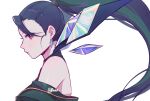  1girl absurdres bangs bare_shoulders black_hair blush crystal earrings from_side green_hair green_jacket highres jacket jewelry k/da_(league_of_legends) k/da_all_out_kai&#039;sa kai&#039;sa league_of_legends long_hair multicolored_hair off_shoulder ponytail purple_eyes ruan_chen_yue shiny shiny_skin signature simple_background solo two-tone_hair white_background 