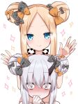  2girls abigail_williams_(fate) abigail_williams_(swimsuit_foreigner)_(fate) abigail_williams_(swimsuit_foreigner)_(fate)_(cosplay) bags_under_eyes black_bow blonde_hair blue_eyes blush bow closed_mouth cosplay double_bun embarrassed fate/grand_order fate_(series) hair_bow highres kamu_(geeenius) lavinia_whateley_(emerald_float)_(fate) lavinia_whateley_(fate) looking_at_viewer multiple_girls red_eyes sanpaku sidelocks smile wide-eyed 