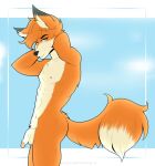  abs anthro balls blue_eyes canid canine doow flaccid fox fur genitals hazelkisses looking_at_viewer male mammal orange_body orange_fur penis smile smirk solo stretching 