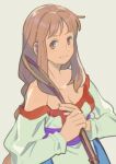  1girl arc_the_lad arc_the_lad_ii bare_shoulders breasts brown_eyes brown_hair cleavage closed_mouth collarbone dress lieza long_hair looking_at_viewer lowres sarmat simple_background solo very_long_hair 