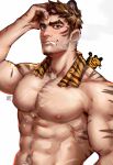  1boy abs bara body_hair chest_hair facial_hair greenteaa hairy highres large_pectorals male_focus mature_male muscular muscular_male navel_hair original pectorals spiked_hair stubble thick_eyebrows topless_male 