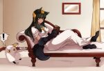  1girl 1other absurdres animal_ears anubis_(monster_girl_encyclopedia) ayanobro blush body_fur book breasts closed_mouth dark_green_hair egyptian_clothes green_eyes hair_ornament highres holding holding_book holding_tray indoors jackal_ears jackal_tail long_hair lying monster_girl monster_girl_encyclopedia reading second-party_source sidelocks smile snake_hair_ornament solo tray usekh_collar 
