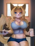  anthro beverage big_breasts blonde_hair blue_eyes bottomwear breasts cheese_quesadilla clothing cookie felid female food general-irrelevant hair hi_res holding_beverage holding_cookie holding_food holding_object inside looking_at_viewer mammal mature_female navel shirt shorts smile solo tank_top topwear window 