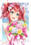  1girl :d absurdres arm_strap bangs blue_eyes blue_flower bouquet day diadem flower hair_between_eyes hair_flower hair_ornament highres holding holding_bouquet kurosawa_ruby long_hair looking_at_viewer love_live! love_live!_sunshine!! nota_ika open_mouth outdoors pink_flower pink_rose red_hair rose shiny shiny_hair smile solo standing twintails twitter_username white_flower white_rose yellow_flower 