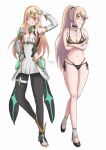  bangs bare_shoulders bikini black_legwear blonde_hair blush bra breasts cleavage cleavage_cutout clothing_cutout cosplay costume_switch earrings elbow_gloves gloves highres jewelry kitagawa_marin kitagawa_marin_(cosplay) long_hair miniskirt mythra_(massive_melee)_(xenoblade) mythra_(xenoblade) mythra_(xenoblade)_(cosplay) navel nintendo pantyhose ponytail red_eyes skirt sono_bisque_doll_wa_koi_wo_suru swept_bangs swimsuit tiara underwear very_long_hair white_gloves white_skirt xenoblade_chronicles_(series) xenoblade_chronicles_2 yellow_eyes 