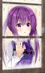  1girl bangs blush bow bowtie chestnut_mouth collared_shirt eyebrows_visible_through_hair from_outside gochuumon_wa_usagi_desu_ka? hair_between_eyes hair_ornament highres long_hair matcha_(soratohana128) open_mouth purple_bow purple_bowtie purple_hair purple_vest rabbit_house_uniform shiny shiny_hair shirt solo tedeza_rize upper_body vest white_shirt wing_collar 