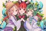  3girls :d absurdres bangs bare_shoulders blonde_hair blush_stickers bow bowtie braid closed_mouth detached_sleeves dress eyebrows_visible_through_hair fangs frills frog_hair_ornament gohei green_dress green_eyes green_hair hair_ornament hat highres holding holding_stick interlocked_fingers kaenbyou_rin kochiya_sanae leaf leaf_background long_hair looking_at_viewer moriya_suwako multiple_girls one_eye_closed orange_eyes purple_skirt purple_vest red_bow red_bowtie red_eyes red_hair sidelocks simple_background skirt smile snake_hair_ornament stick tactoki touhou twin_braids twintails upper_body very_long_hair vest wide_sleeves 