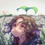 1girl air_bubble blue_hoodie brown_hair bubble commentary_request eva_mashiro flower frog highres hood hood_down hoodie indie_virtual_youtuber leaf leaf_on_head lily_pad looking_at_animal looking_up partially_underwater_shot plant purple_eyes short_hair solo submerged virtual_youtuber water white_flower 