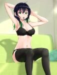  1girl armpits arms_up asueli_ex black_bra black_hair black_legwear black_panties bra breasts collarbone green_eyes green_hair hair_between_eyes hair_tie_in_mouth indoors looking_at_viewer love_live! love_live!_nijigasaki_high_school_idol_club medium_breasts mouth_hold multicolored_hair navel panties sitting takasaki_yuu thighhighs underwear 