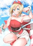  1girl absurdres adahcm arm_wrap armpits blonde_hair blue_eyes eyebrow_cut highres irida_(pokemon) knees poke_ball pokemon pokemon_(game) pokemon_legends:_arceus red_headwear red_shirt shirt short_hair shorts solo strapless strapless_shirt waist_cape white_shorts 