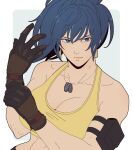 1girl adjusting_clothes adjusting_gloves armlet bare_shoulders blue_eyes blue_hair breasts dog_tags earrings gloves jewelry leona_heidern mushisotisis pocket ponytail solo tank_top the_king_of_fighters the_king_of_fighters_xv triangle_earrings yellow_tank_top 