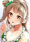  1girl absurdres bangs bow breasts brown_hair cleavage collarbone eyebrows_visible_through_hair green_bow hair_bow highres long_hair looking_at_viewer love_live! love_live!_school_idol_project medium_breasts minami_kotori nota_ika shiny shiny_hair solo tongue tongue_out twitter_username upper_body yellow_eyes 