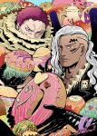  2boys asymmetrical_hair biliken blush cake charlotte_katakuri closed_mouth covered_mouth cupcake dark-skinned_male dark_skin doughnut facial_tattoo food gloves grey_hair highres holding holding_food jacket king_(one_piece) leather leather_gloves lips long_hair male_focus multiple_boys one_piece purple_eyes purple_hair red_eyes scarf scarf_over_mouth shiny shiny_clothes short_hair signature spikes stitches sweat sweets tattoo 