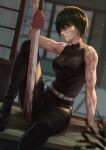  1girl absurdres angusbeef30 bare_arms bare_shoulders belt black_pants blood blood_on_weapon boots brown_eyes closed_mouth combat_boots dark_green_hair english_commentary highres holding holding_weapon jujutsu_kaisen one_eye_closed pants scar scar_across_eye scar_on_arm scar_on_face short_hair sitting sleeveless solo sword toned weapon zen&#039;in_maki 