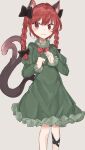  1girl :3 absurdres animal_ear_fluff animal_ears bangs black_bow black_ribbon blush bow bowtie braid cat_ears cat_tail closed_mouth dress extra_ears eyebrows_visible_through_hair feet_out_of_frame forked_tail frills green_dress grey_background hair_bow hair_ribbon highres juliet_sleeves kaenbyou_rin leg_ribbon light_smile long_sleeves looking_at_viewer nekomata petticoat puffy_sleeves red_bow red_bowtie red_eyes red_hair ribbon simple_background solo standing subaritsuku tail touhou tress_ribbon twin_braids twintails 