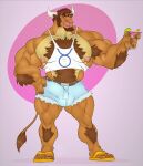 2017 5_fingers 5_toes alcohol anthro arm_hair armpit_hair barazoku beard belt beverage big_bulge big_muscles blue_eyes body_hair bottomwear bovid bovine brown_body brown_fur brown_hair bulge cattle chest_hair clothing cocktail cocktail_glass container cup cutoffs daisy_dukes denim denim_clothing diesel_(komatose) drinking_glass ear_piercing ear_ring eyebrows facial_hair facial_piercing feet fingers footwear fur genital_outline glass glass_container glass_cup hair hand_on_hip happy_trail hi_res horn hotpants huge_muscles humanoid_feet humanoid_hands kazushi leg_hair looking_at_viewer male mammal muscular muscular_anthro muscular_male nipples nose_piercing nose_ring penis_outline piercing pink_nipples pink_nose plantigrade sandals shirt shorts solo standing tank_top thick_eyebrows tight_clothing toes topwear white_horn 