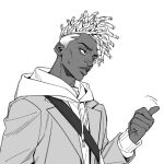  1boy bangs dark-skinned_male dark_skin ekko_(league_of_legends) firelight_ekko greyscale hairlocs hood hood_down hoodie jacket league_of_legends long_sleeves male_focus monochrome mush820823 open_clothes open_jacket parted_lips pointing short_hair solo teeth undercut upper_body 