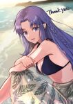  1girl alternate_costume bangs beach bikini black_bikini braid breasts cleavage commentary_request commission english_text eyebrows_visible_through_hair fate/stay_night fate_(series) haruhide_tt lips long_hair looking_at_viewer medea_(fate) medium_breasts outdoors parted_bangs parted_lips pointy_ears purple_eyes purple_hair purple_lips sand sarong side_braid sidelocks sitting skeb_commission solo sunlight swimsuit thank_you water 