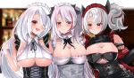  3girls :d :o absurdres alternate_costume azur_lane bare_shoulders black_corset black_dress blurry blurry_background blush breasts cleavage cleavage_cutout clothing_cutout commentary_request corset detached_collar dress enmaided hair_over_one_eye highres large_breasts long_hair maid maid_headdress multicolored_hair multiple_girls prinz_adalbert_(after-hours_service)_(azur_lane) prinz_adalbert_(azur_lane) prinz_eugen_(azur_lane) prinz_heinrich_(azur_lane) red_eyes red_hair rei_tuki short_hair short_twintails silver_hair smile streaked_hair twintails two-tone_hair underboob underboob_cutout 