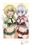  2girls ahoge akatsuki_kirika bikini bikini_under_clothes blonde_hair blush breasts cleavage fujikawa_daichi green_eyes hair_ornament light_purple_hair long_hair looking_at_viewer low_twintails medium_breasts multiple_girls navel necktie open_mouth scrunchie senki_zesshou_symphogear shiny shiny_hair shiny_skin short_hair smile standing string_bikini swimsuit twintails x_hair_ornament yukine_chris 