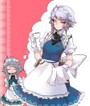  1girl absurdres apron bangs blue_eyes blush braid breasts buttons closed_mouth collared_shirt cup english_commentary frilled_apron frills gloves heterochromia highres holding holding_cup izayoi_sakuya lace_background maid maid_apron maid_headdress medium_breasts nyong_nyong pink_background pouch puffy_short_sleeves puffy_sleeves red_eyes shirt short_sleeves sidelocks silver_hair smile smug solo standing teacup thinking thought_bubble touhou twin_braids waist_apron white_apron white_gloves white_shirt wing_collar wrist_cuffs 