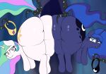  airsicksubset annoyed ass_to_ass equid equine female feral friendship_is_magic hasbro hi_res horn looking_at_viewer looking_back looking_back_at_viewer mammal my_little_pony princess_celestia_(mlp) princess_luna_(mlp) sibling sister sisters suspension tail_grab thick_thighs winged_unicorn wings 