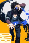  1boy absurdres black_hair blue_eyes blue_fire blue_jacket blue_pants boku_no_hero_academia burn_scar character_name cheek_piercing dabi_(boku_no_hero_academia) fire grin hajikkoneko hands_up highres jacket looking_at_viewer male_focus medium_hair messy_hair open_mouth pants piercing scar shadow shirt smile solo spiked_hair standing staple stitches teeth two-tone_background upper_teeth white_background white_shirt yellow_background 