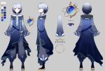  1girl androgynous blue_eyes blue_hair character_sheet cloak earrings full_body highres jewelry kelinch1 long_sleeves looking_at_viewer magic maha5 maha5japan minatoe_yomina necklace official_art orb outstretched_hand pale_skin water 