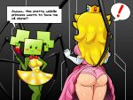  4:3 bite biting_lip blonde_hair blush bottomwear bow_tie butt clothed clothing clothing_lift crown dress duo english_text exclamation_point female female/female fishnet gem grey_background hair hi_res human humanoid mammal mario_bros mimi_(mario) multi_arm multi_limb nintendo not_furry panties paper_mario princess_peach ruby_(gem) simple_background skirt skirt_lift sleepiitreat text underwear video_games 