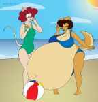  2016 anthro ball beach beach_ball belly big_belly big_breasts bikini bird_dog blush breasts brown_hair canid canine canis clothing cloud digital_media_(artwork) domestic_dog duo eyes_closed female freckles fur golden_retriever hair hi_res hunting_dog inflatable mammal mouse multicolored_body multicolored_fur murid murine navel open_mouth outie_navel penny_(satsumalord) pregnant red_hair retriever rodent satsumalord seaside sky sun swimwear tandi_(satsumalord) two_tone_body two_tone_fur water 