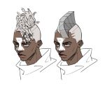  1boy alternate_hairstyle bangs closed_mouth commentary_request dark-skinned_male dark_skin ekko_(league_of_legends) facial_mark firelight_ekko grey_hair hairlocs head league_of_legends male_focus messy_hair mohawk multiple_views mush820823 short_hair undercut 