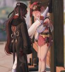  2girls artist_name bare_legs black_headwear blurry blurry_background blush brown_coat brown_hair brown_headwear closed_eyes coat commentary covering_face day detached_sleeves english_commentary foot_against_wall genshin_impact highres hu_tao_(genshin_impact) japanese_clothes kabedon kimono kneehighs leg_up long_hair long_sleeves multiple_girls n0carmenkarma outdoors pink_headwear pink_kimono sleeveless sleeveless_kimono sleeves_past_fingers sleeves_past_wrists split standing standing_on_one_leg standing_split tassel twintails white_legwear white_sleeves yanfei_(genshin_impact) yuri 