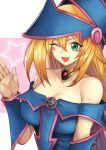  1girl ;d blonde_hair blush_stickers breasts choker commentary_request dark_magician_girl duel_monster eyelashes green_eyes hair_between_eyes hat long_hair natrium_picture off-shoulder_shirt off_shoulder one_eye_closed pentagram shirt smile solo upper_body vambraces wizard_hat yu-gi-oh! 