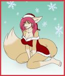  anthro big_breasts breasts brown_body brown_fur canid canine christmas cleavage clothed clothing emoti female fennec finic fluffy fluffy_tail fox fur hair holidays mammal orange_eyes paws pink_hair snow solo solo_focus suggestive 